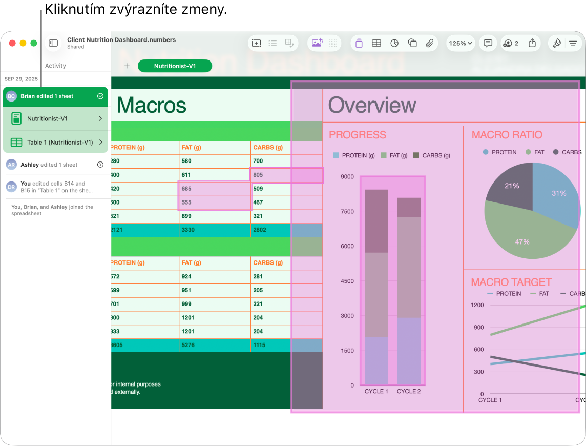 Spoločné tabuľky s otvoreným menu spolupráce a zoznamom aktivít.