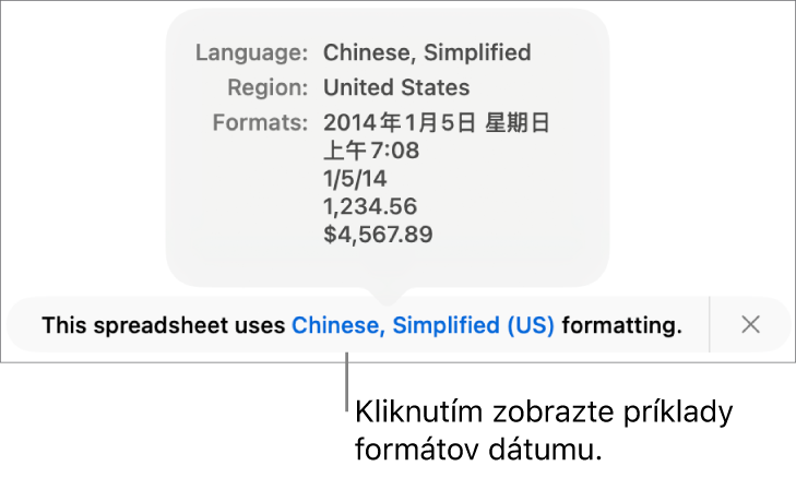 Hlásenie o inom jazyku a nastavení regiónu zobrazujúce príklady formátovania v danom jazyku a regióne.