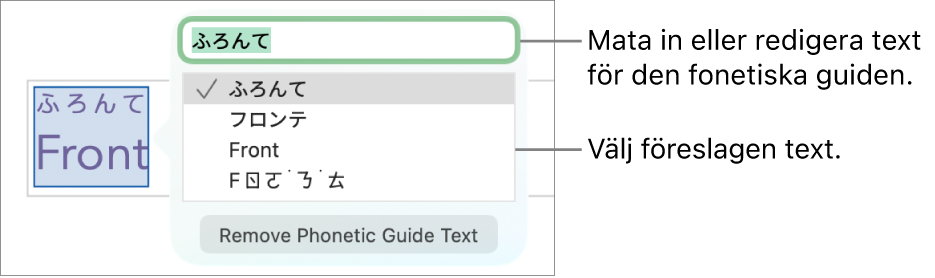 Den fonetiska guiden är öppen för ett ord, med linjer som pekar på textfältet och föreslagen text.