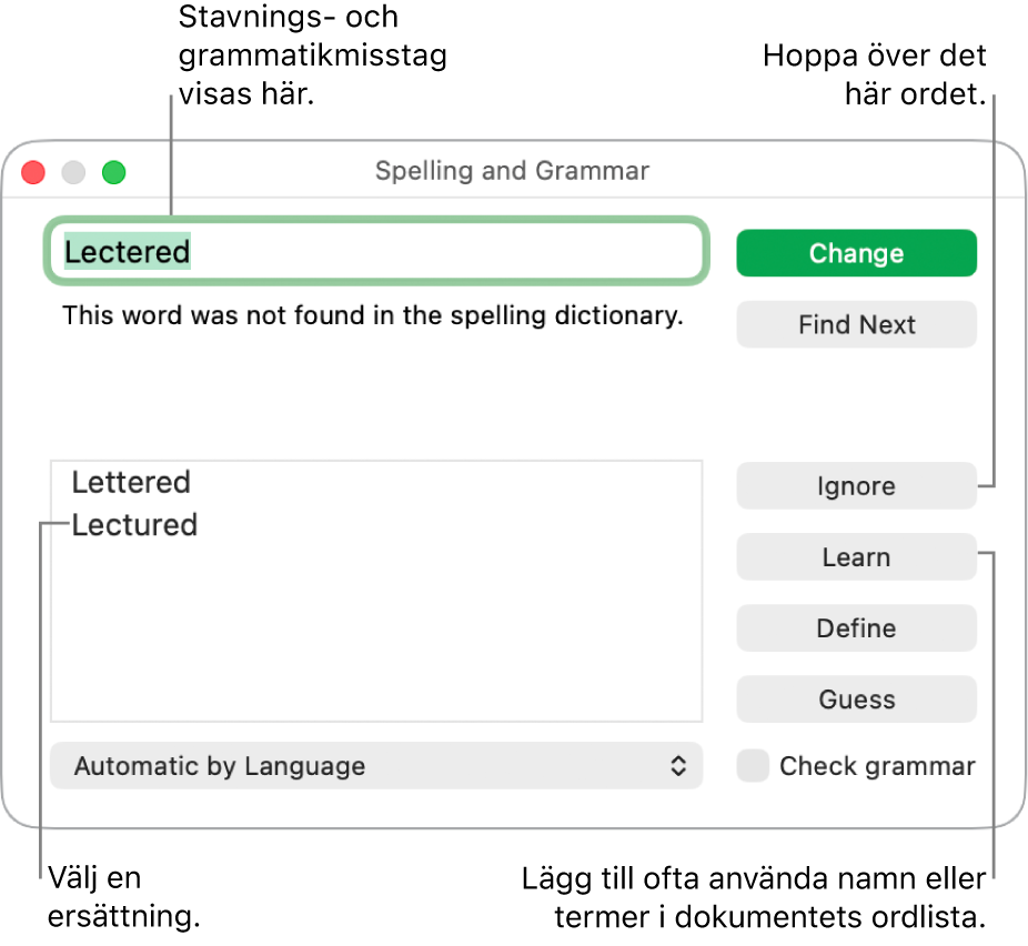 Fönstret Stavning och grammatik.