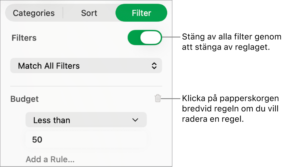 Reglage för att radera ett filter eller stänga av alla filter.