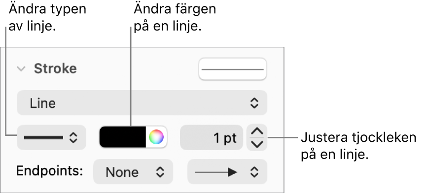 Streckreglagen för att ställa in slutpunkter, linjetjocklek och färg.