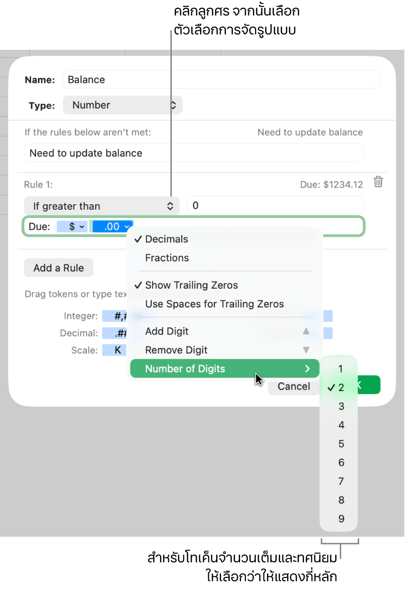 หน้าต่างรูปแบบเซลล์แบบกำหนดเองที่มีตัวควบคุมสำหรับเลือกตัวเลือกการจัดรูปแบบแบบกำหนดเอง