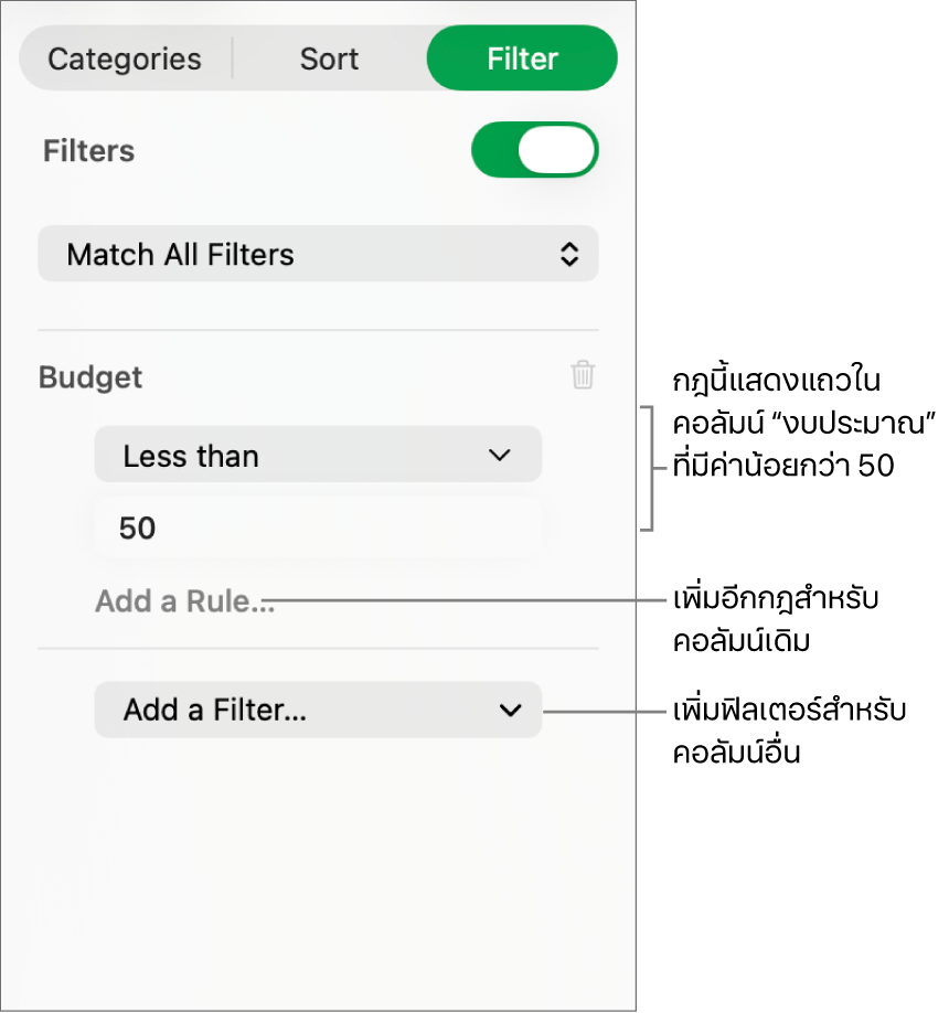 ตัวควบคุมสำหรับสร้างกฎการฟิลเตอร์