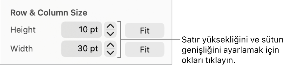 Net satır veya sütun boyutu ayarlama denetimleri.
