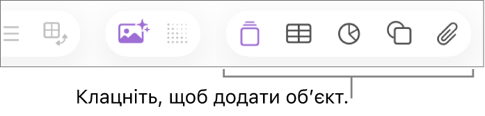 Вікно програми Numbers із виносками на кнопки обʼєктів на панелі інструментів.