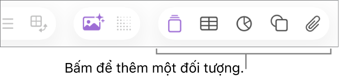 Cửa sổ Numbers có các lời nhắc đến các nút đối tượng trên thanh công cụ.