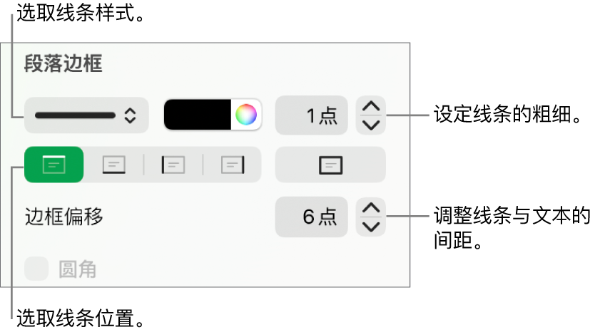 更改线条样式、粗细、位置和颜色的控制。
