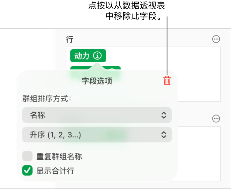 “字段选项”菜单,显示成组和排序数据的控制以及移除字段的选项。