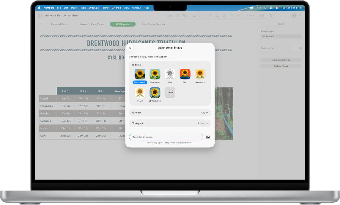 「生成影像」對話框顯示從文字描述生成影像的選項。