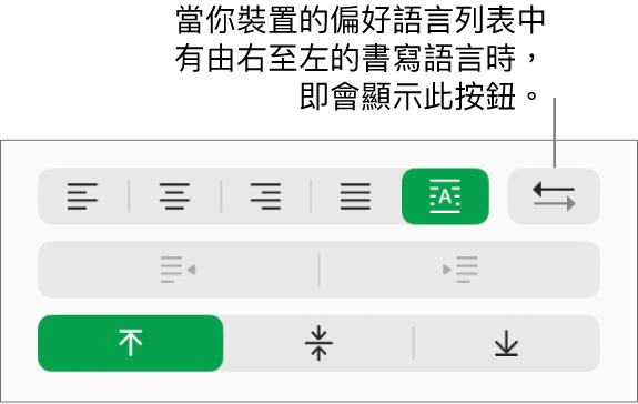「格式」側邊欄「對齊方式」區域中的「段落方向」按鈕。