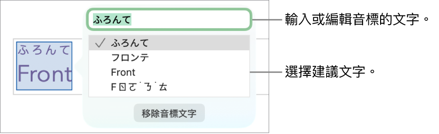 單字已啟用音標,帶有文字欄位和建議文字的說明文字。