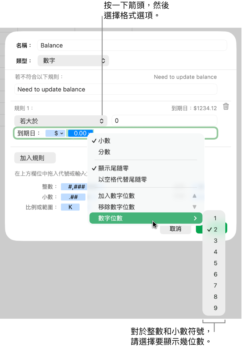帶有選擇自訂格式選項的自訂輸入格格式視窗。