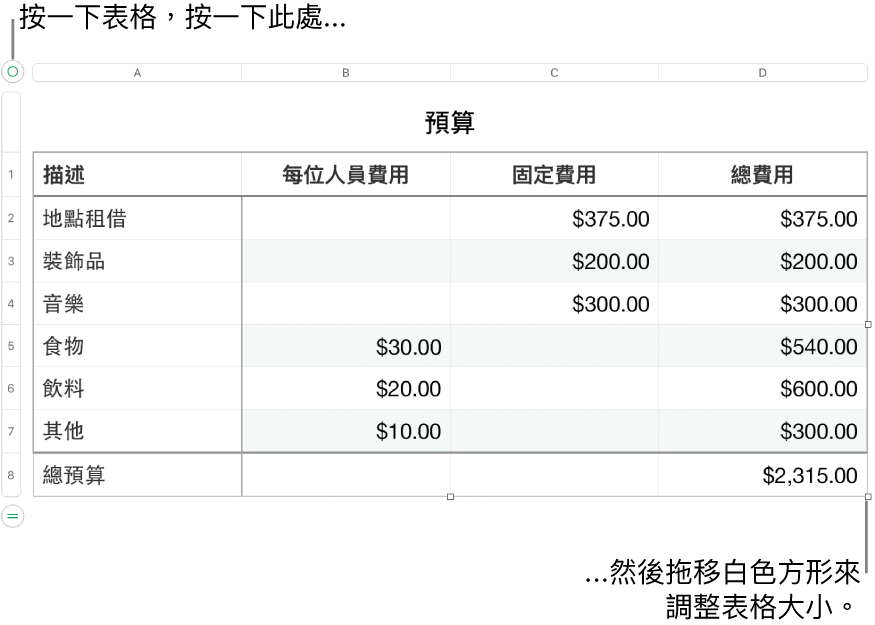 選取的表格，帶有調整大小的白色方形。