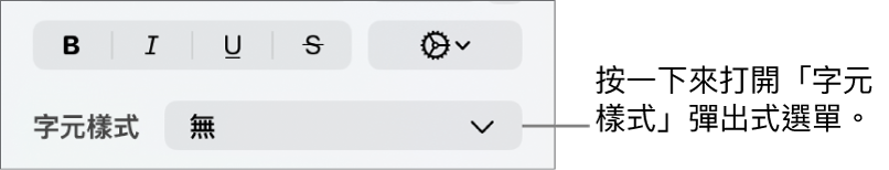 「字元樣式」彈出式選單。