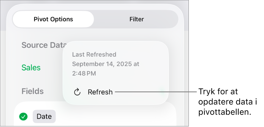 Menuen Pivotindstillinger, der viser muligheden for opdatering af pivottabellen.