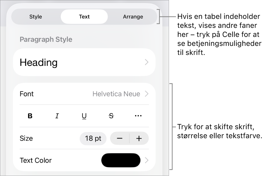 Betjeningsmuligheder til tekst på Formatmenuen til indstilling af afsnits- og tegnformater, skrift, skriftstørrelse og farve.