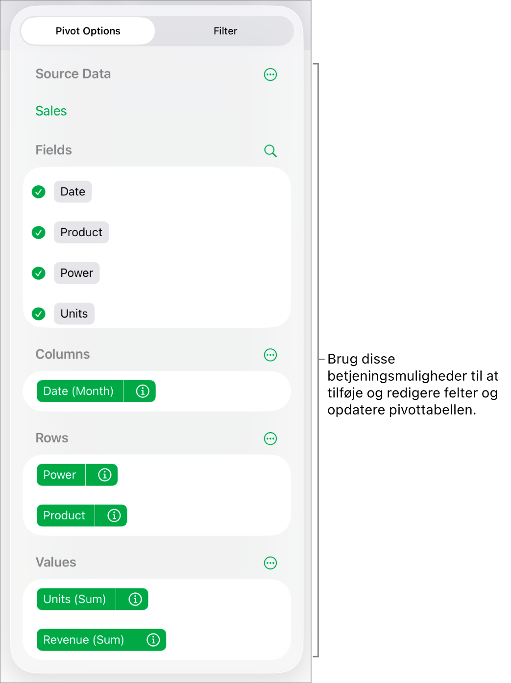 Menuen Pivotindstillinger, der viser felter i sektionerne Kolonner, Rækker og Værdier samt betjeningsmuligheder til redigering af felterne.