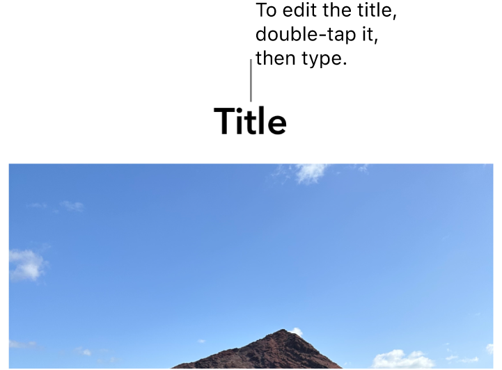 The placeholder title, “Title”, appears below a photo; a blue outline around the title field shows it’s selected.