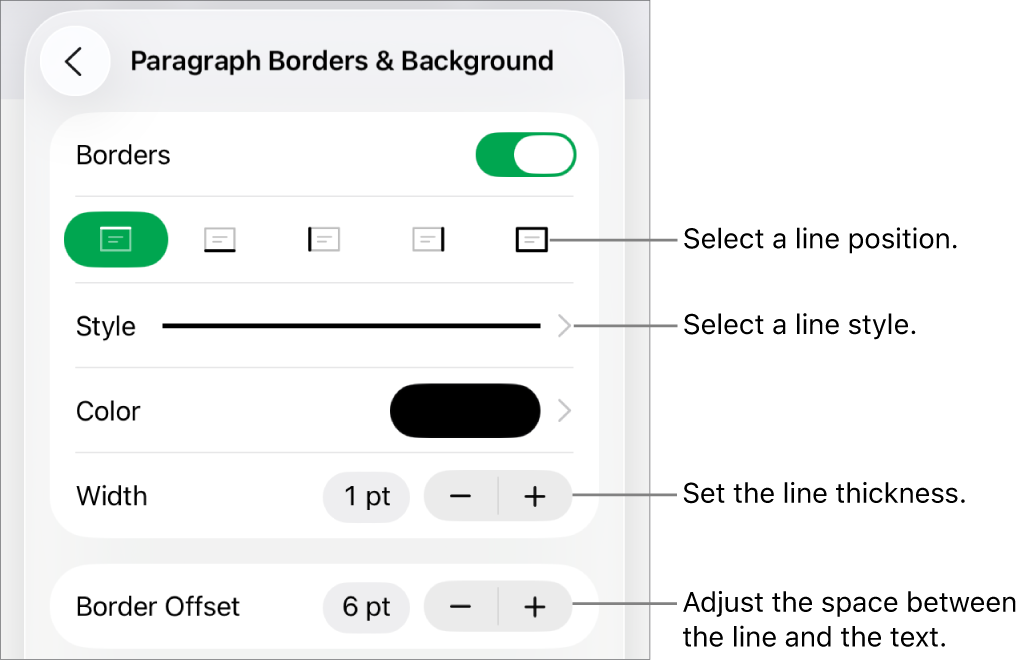 Controls to change the line style, thickness, position and colour.