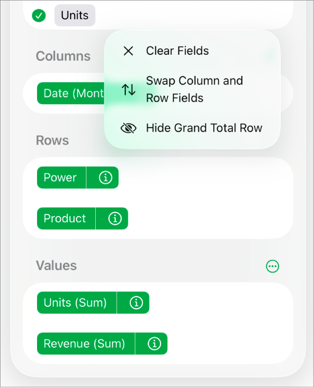 The More Field Options menu, showing the controls to hide grand totals, swap column and row fields and clear fields.