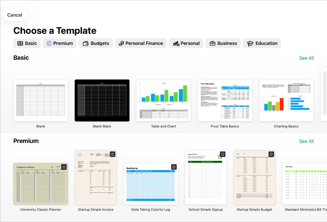 The template chooser, showing a row of categories across the top that you can tap to filter the options. Below are thumbnails of predesigned templates arranged in rows by category, starting with Basic at the top and followed by Personal Finance, Personal, Business and Education. A See All button appears above and to the right of each category row. The Cancel button is in the top-left corner.