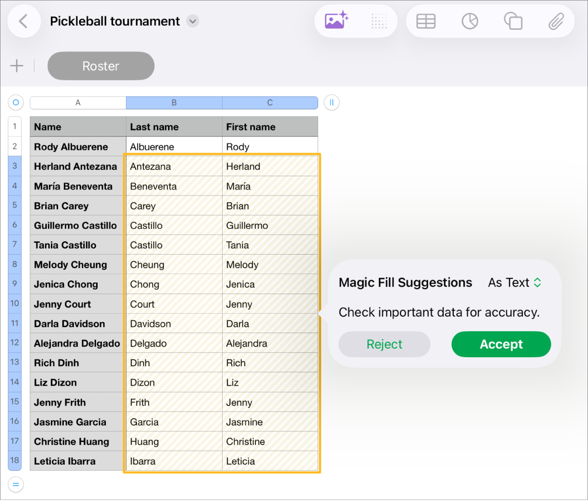 A spreadsheet with highlighted names and a Magic Fill Suggestions pop-up menu to accept or reject them.