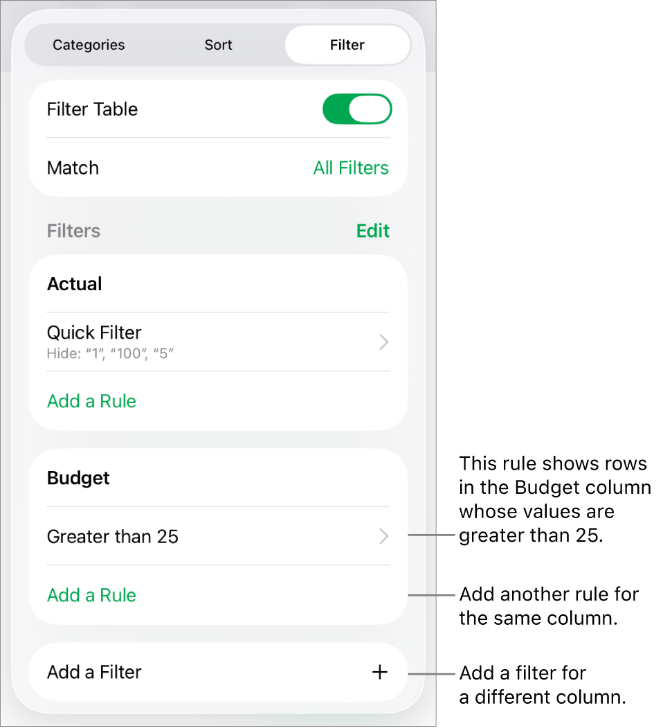 Controls for adding new filtering rules or editing existing ones.
