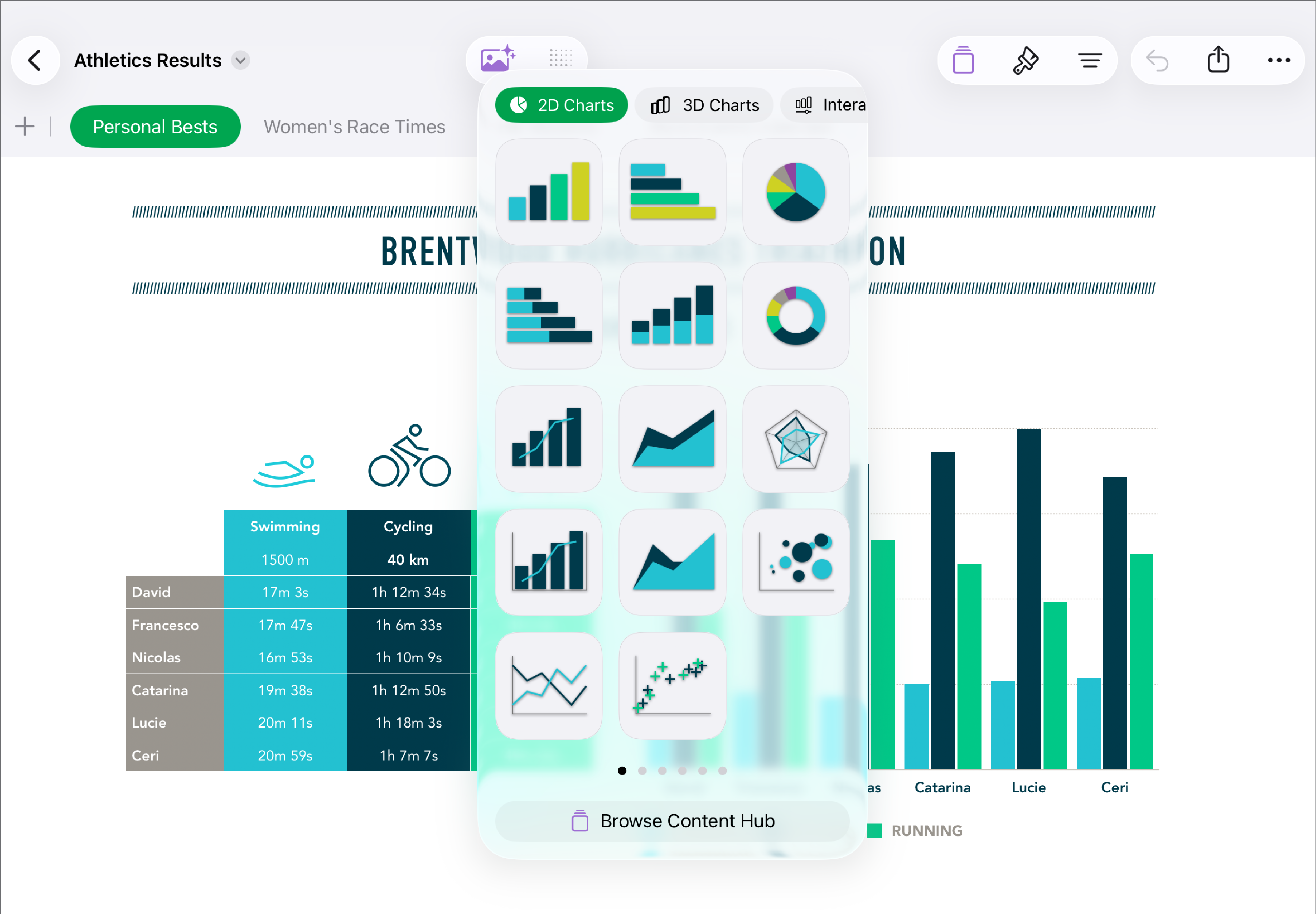 The Numbers window with the charts menu opened from the toolbar.
