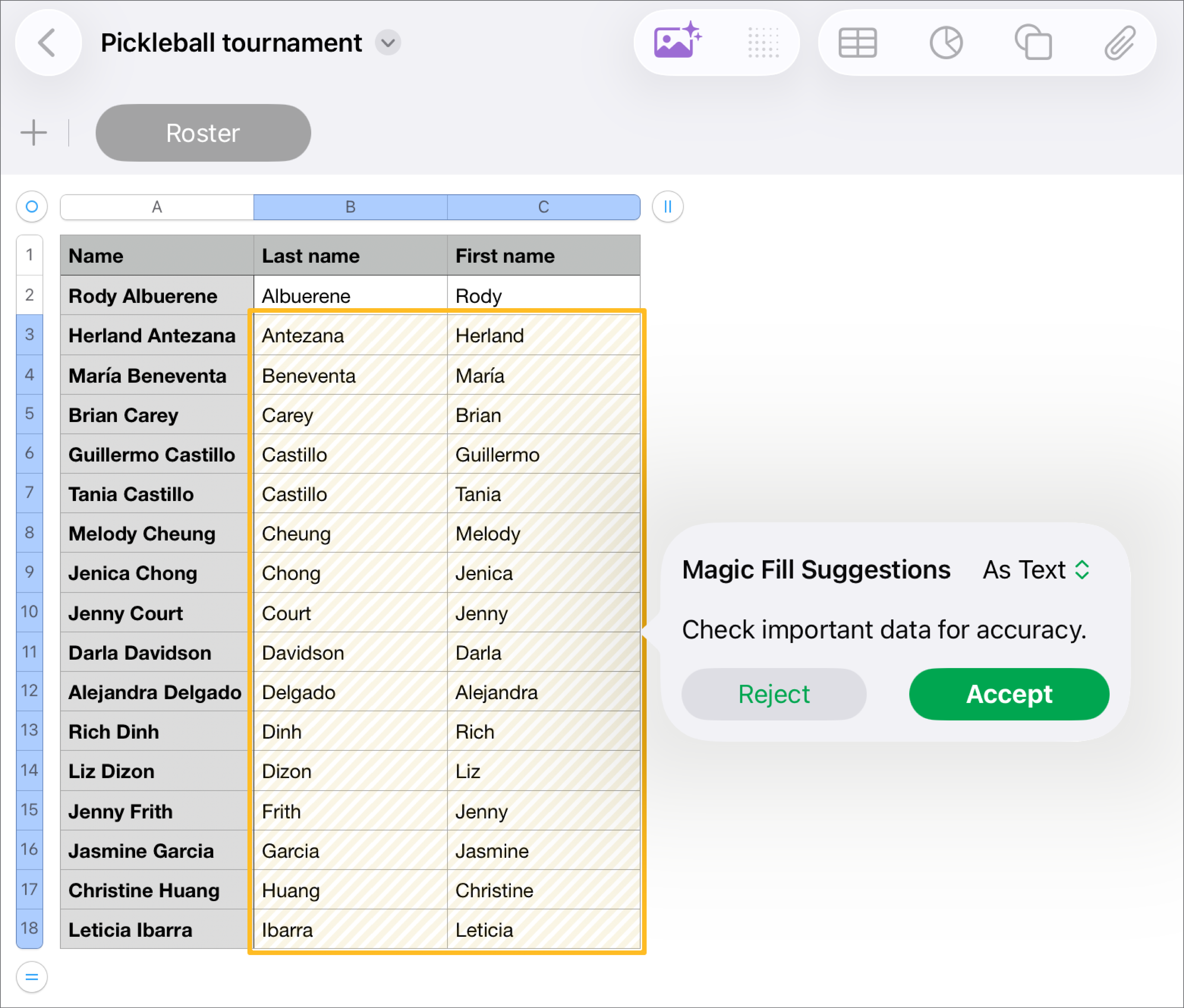 A spreadsheet with highlighted names and a Magic Fill Suggestions pop-up menu to accept or reject them.