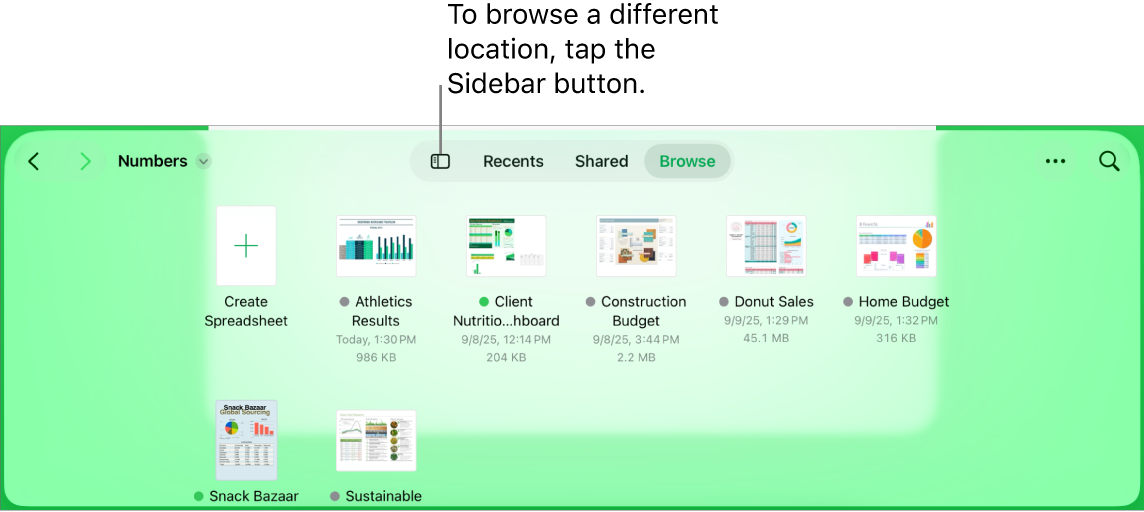 The browse view of the document manager with the Sidebar button in the top-left corner. At the top right are the Add button, the New Folder button, the Icons button (to sort by name, date, size, or tag), the Select button, and the Search button.