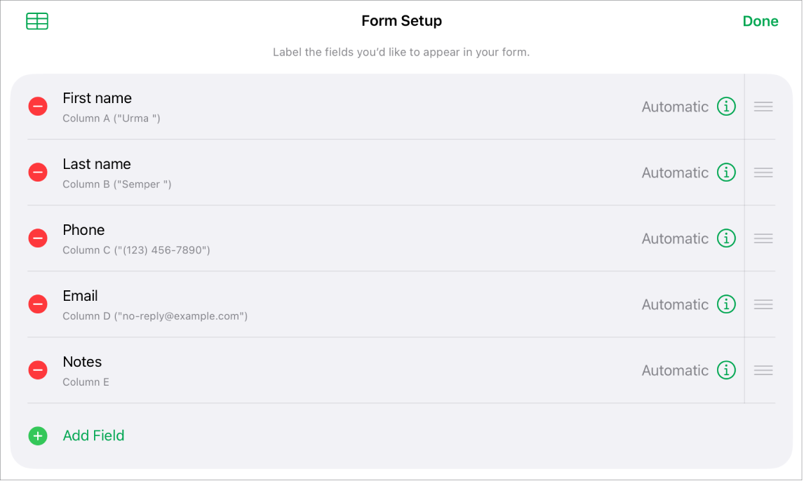 Form setup controls, showing options to add, edit, reorder, and delete fields, as well as to change the format of fields (such as from Text to Percentage).