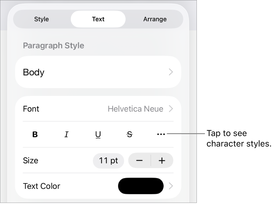 The Format controls with paragraph styles at the top, then Font controls. Below Font are the Bold, Italic, Underline, Strikethrough, and More Text Options buttons.