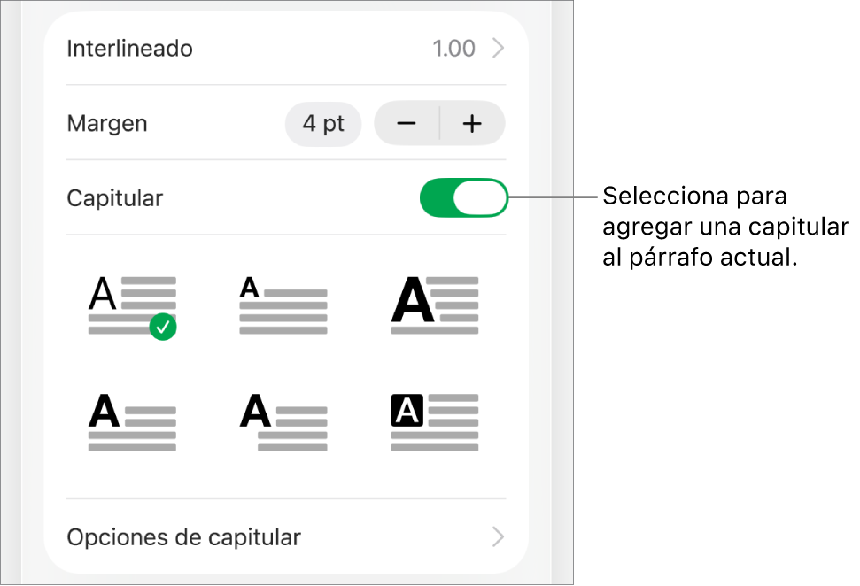 Los controles de letra capitular en el menú Texto.