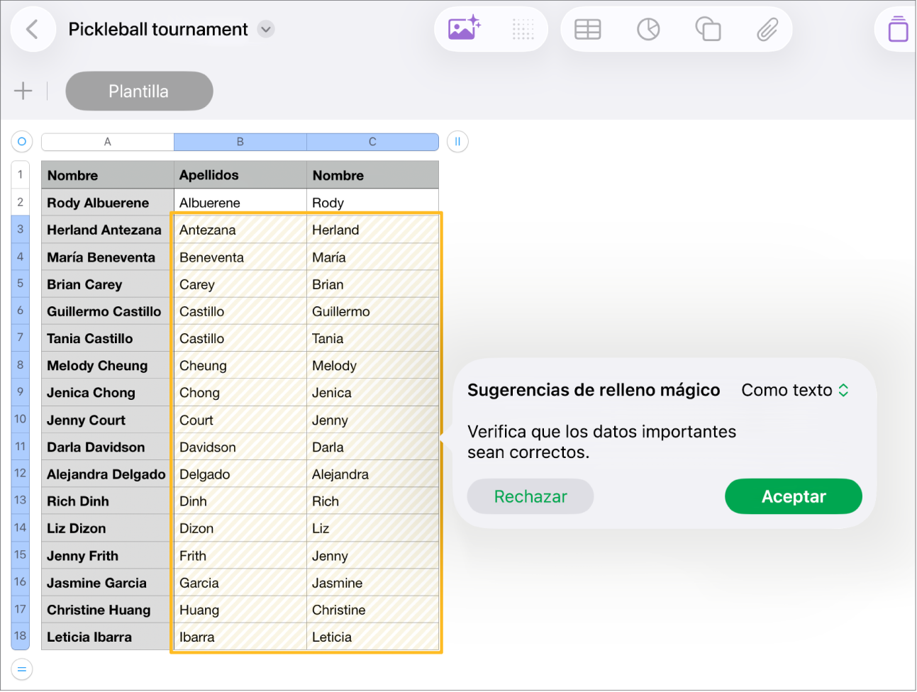 Una hoja de cálculo con nombres resaltados y un menú desplegable con las sugerencias del relleno mágico, las cuales se pueden aceptar o rechazar.
