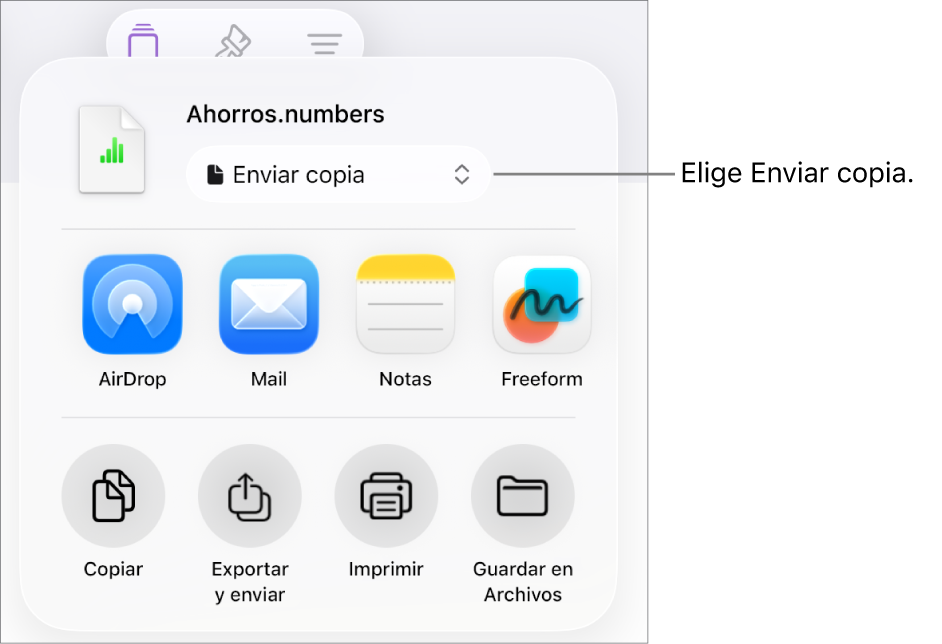 El menú Compartir con la opción Enviar copia seleccionada en la parte superior.