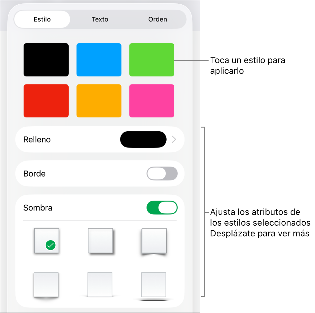 La pestaña Estilo del menú Formato con estilos de objeto en la parte superior y controles debajo para cambiar el relleno, el borde y la opacidad.