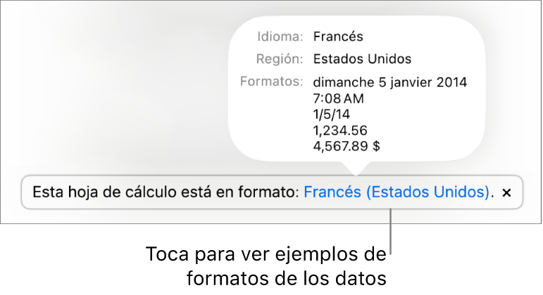 La notificación de la configuración de idioma y formato distinto, con ejemplos del formato en ese idioma y región.
