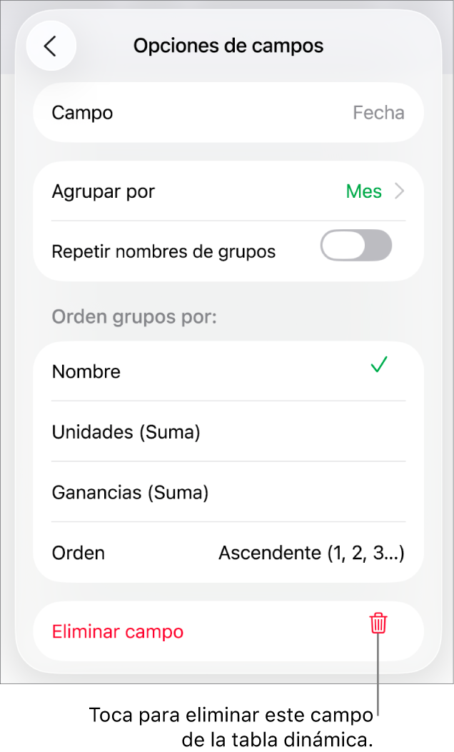 El menú Opciones de campos, mostrando los controles para agrupar y clasificar los datos, así como la opción para eliminar un campo.