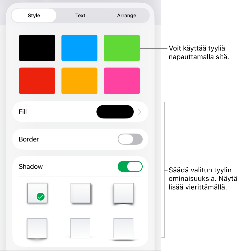 Muoto-valikon Tyyli-välilehti, jossa on ylhäällä objektityylejä ja niiden alla säätimiä, joilla muutetaan täyttöä, reunoja ja varjoa.