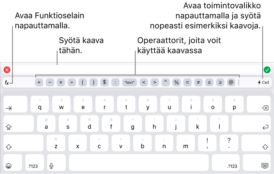 Kaavanäppäimistö, jonka yläreunassa on Kaavan muokkaaja ja alla kaavoissa käytetyt operaattorit. Funktiot-painike, jolla avataan Funktioselain, on operaattoreiden vasemmalla puolella, ja Toimintovalikko-painike on niiden oikealla puolella.