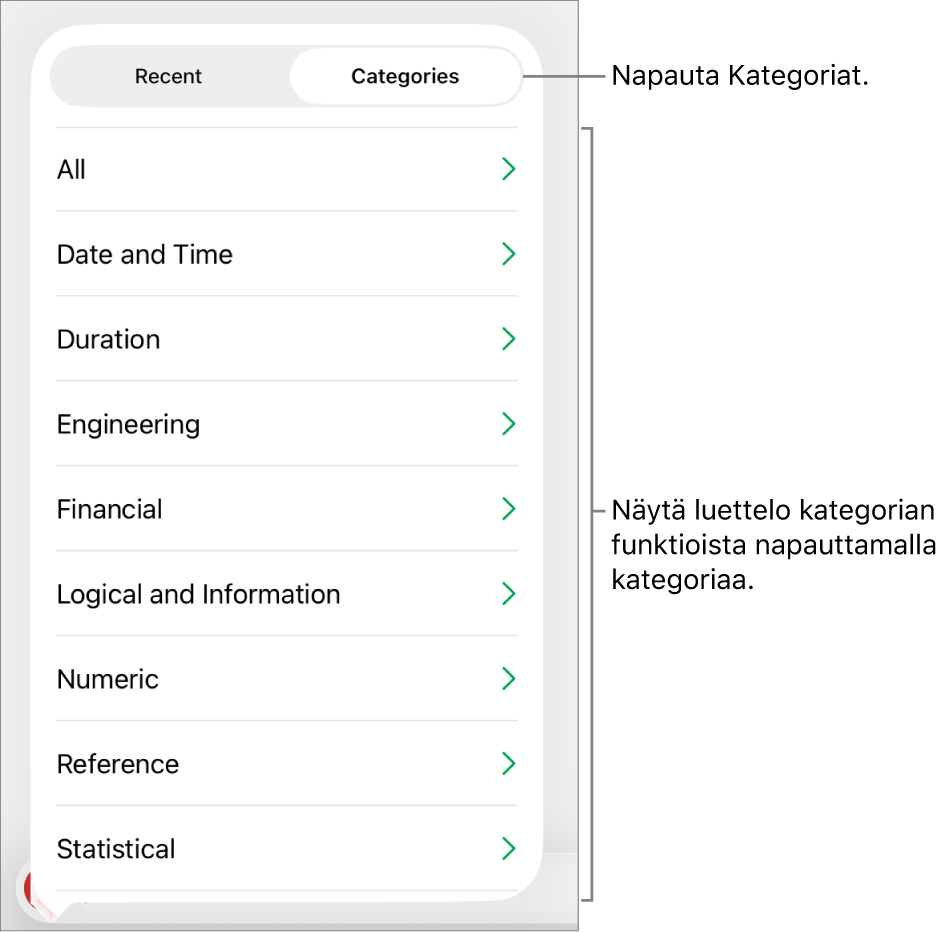 Funktioselain, jossa on valittuna Kategoriat-painike ja alla kategorialuettelo.