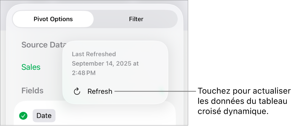 Le menu Options de croisement dynamique affichant l’option d’actualisation du tableau croisé dynamique.