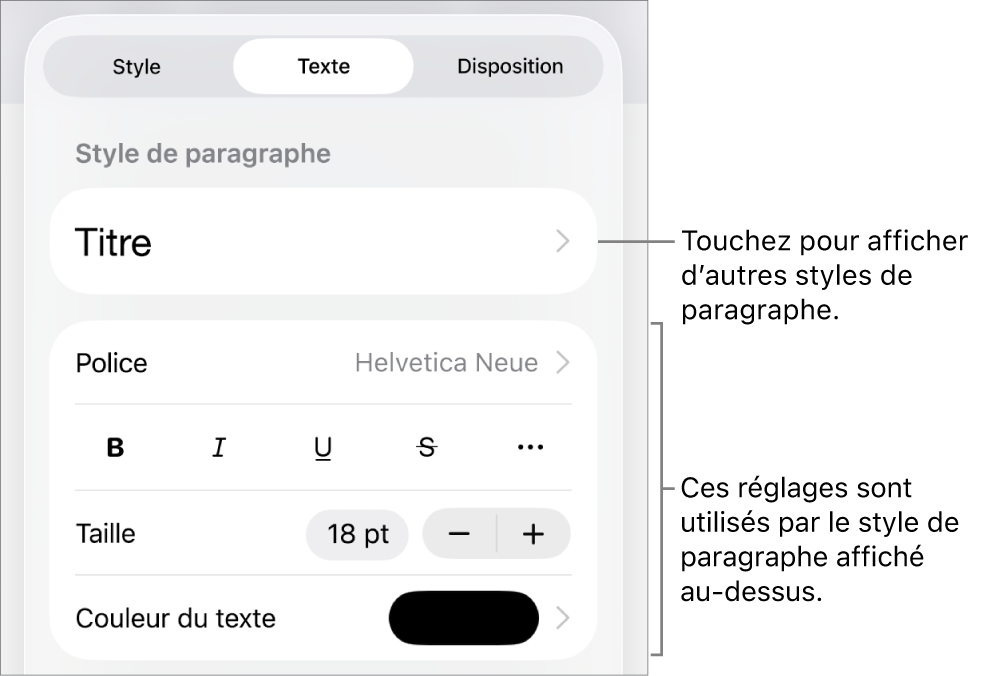 Menu Format montrant les commandes de texte permettant de définir les styles, la police, la taille et la couleur des paragraphes et des caractères.