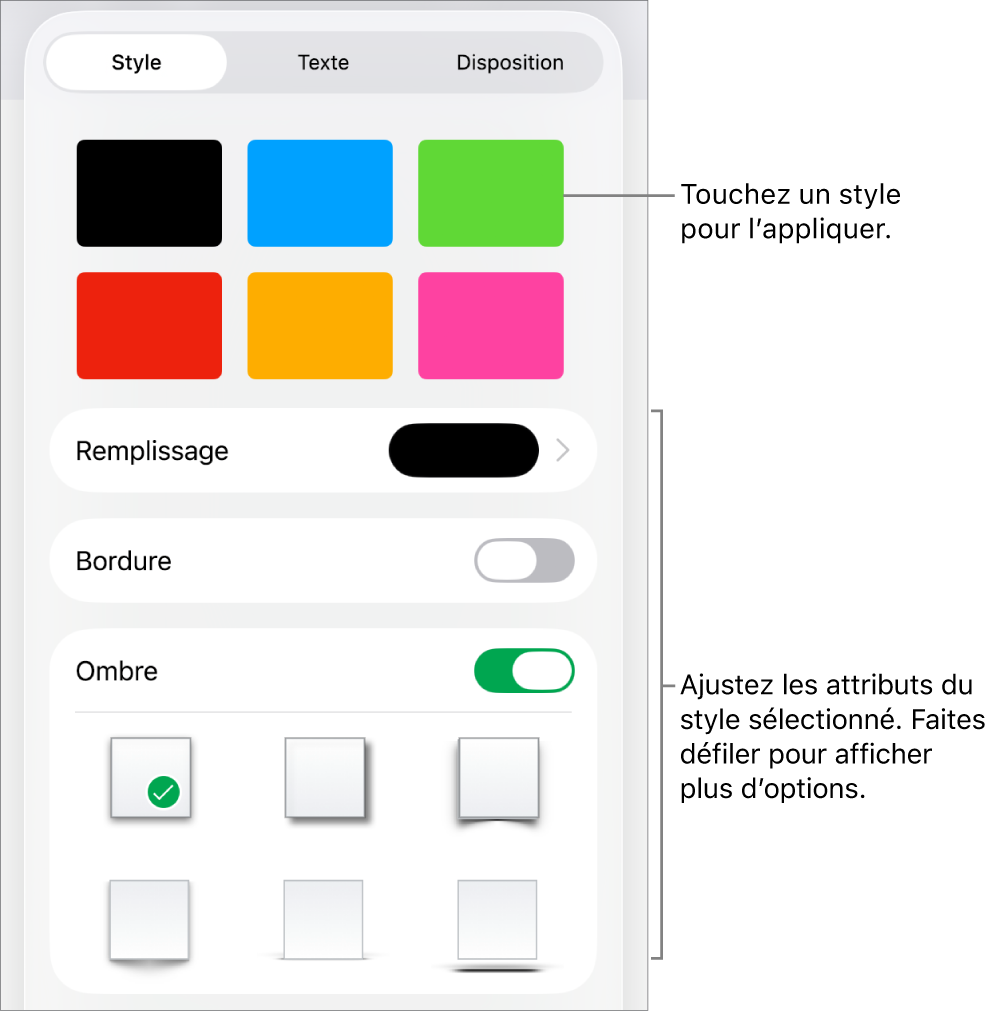 L’onglet Style du menu Format avec les styles de figure en haut et des commandes au-dessous pour modifier le remplissage, la bordure et l’ombre.