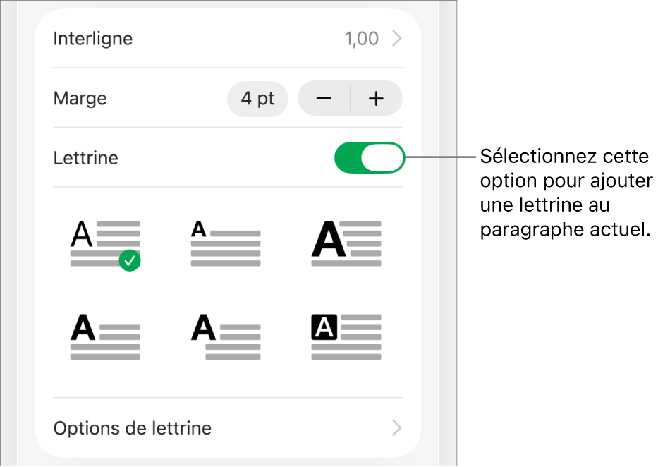 Les commandes Lettrine situées dans le menu Texte.
