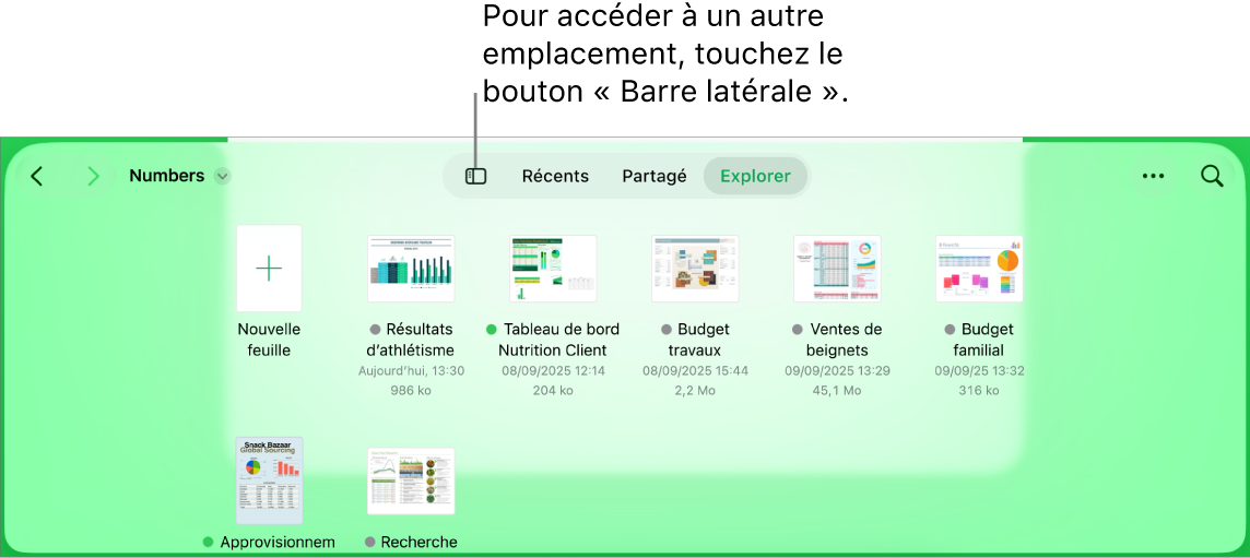 La présentation de navigation du gestionnaire de documents avec le bouton Barre latérale dans le coin supérieur gauche. En haut à droite se trouvent le bouton Ajouter, le bouton Nouveau dossier, le bouton Icônes (pour trier par nom, par date, par taille ou par tag), le bouton Sélectionner et le bouton Rechercher.