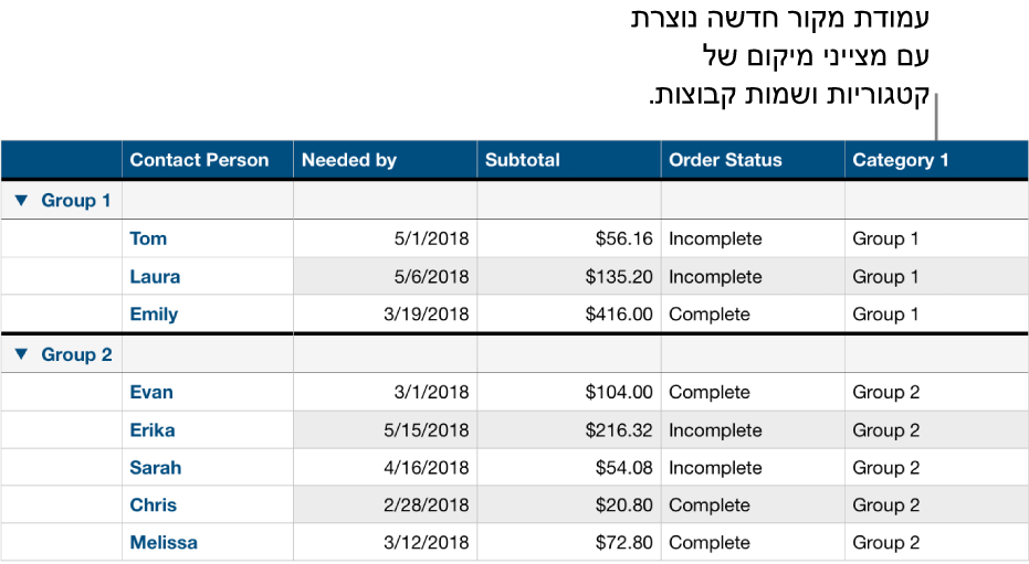 טבלה המסודרת בקטגוריות עם מצייני מיקום של שמות עבור הקטגוריה והקבוצות.