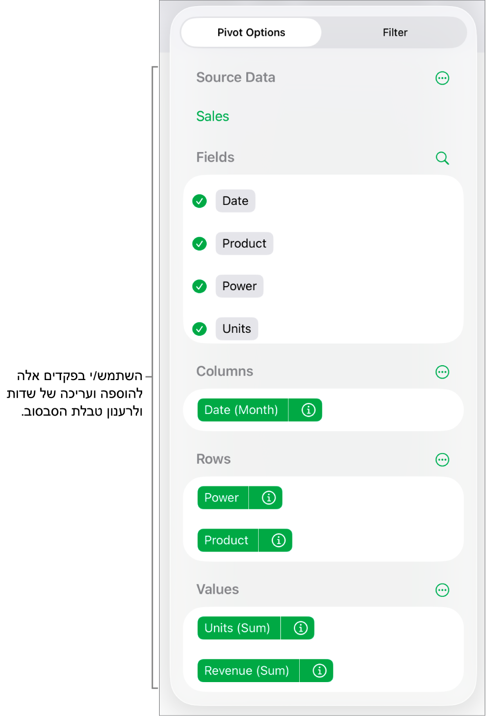 התפריט ״אפשרויות סבסוב״ שבו מוצגים שדות במקטעים ״עמודות״, ״שורות״ ו״ערכים״, וכן פקדים לעריכת השדות.