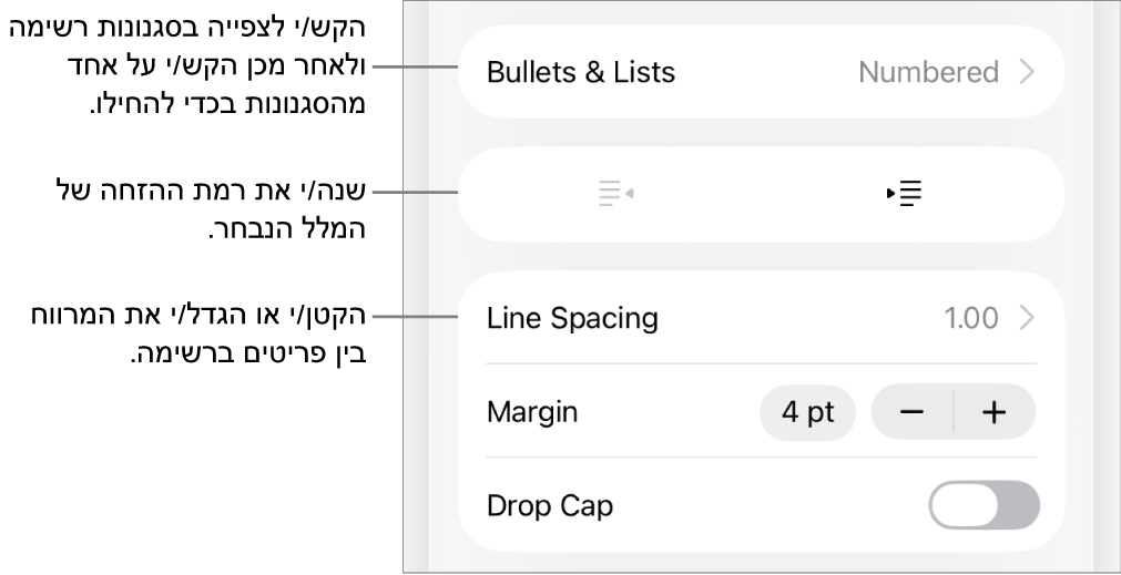 המקטע ״תבליטים ורשימות״ בכלי הבקרה של ״עיצוב״ עם הסברים ל״תבליטים ורשימות״, כפתורי הגדלת הזחה והקטנת הזחה ופקדי ריווח שורות.